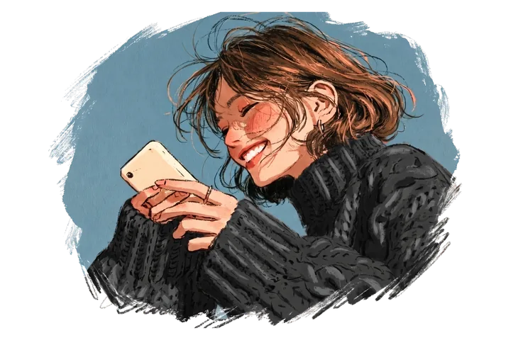 Ilustração de uma mulher sorrindo ao olhar o celular