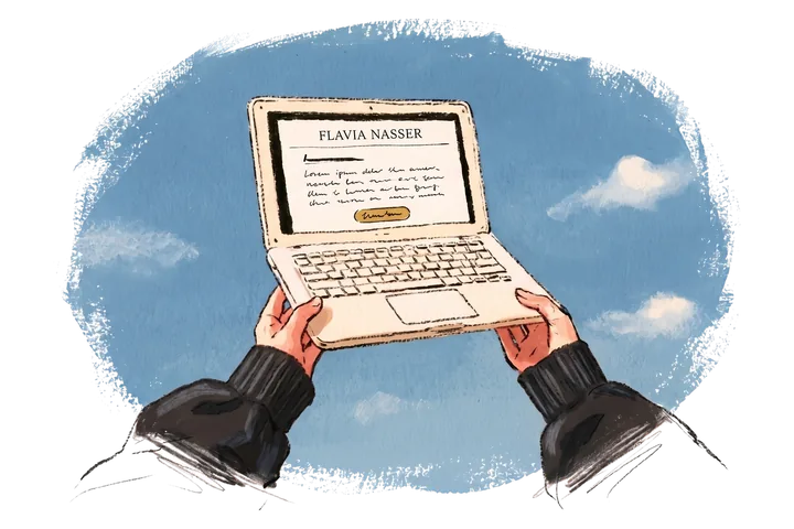 Ilustração de um notebook erguido, com um e-mail da Flavia Nasser na tela
