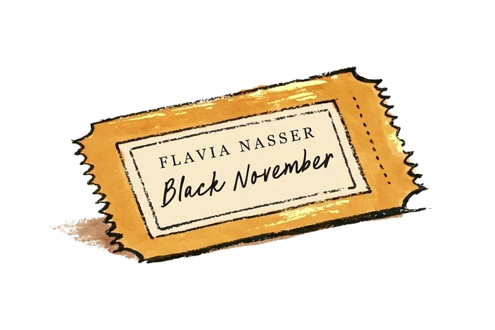 Ilustração de um ticket dourado com Flavia Nasser e Black November escritos
